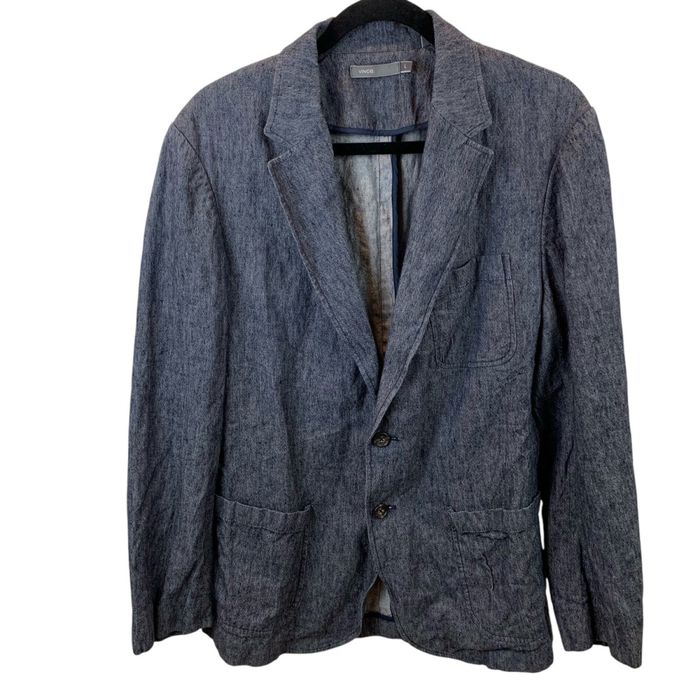 VINCE Blazer Sport Coat Men's L Blue Linen Blend Denim Slim Unlined Unstructured